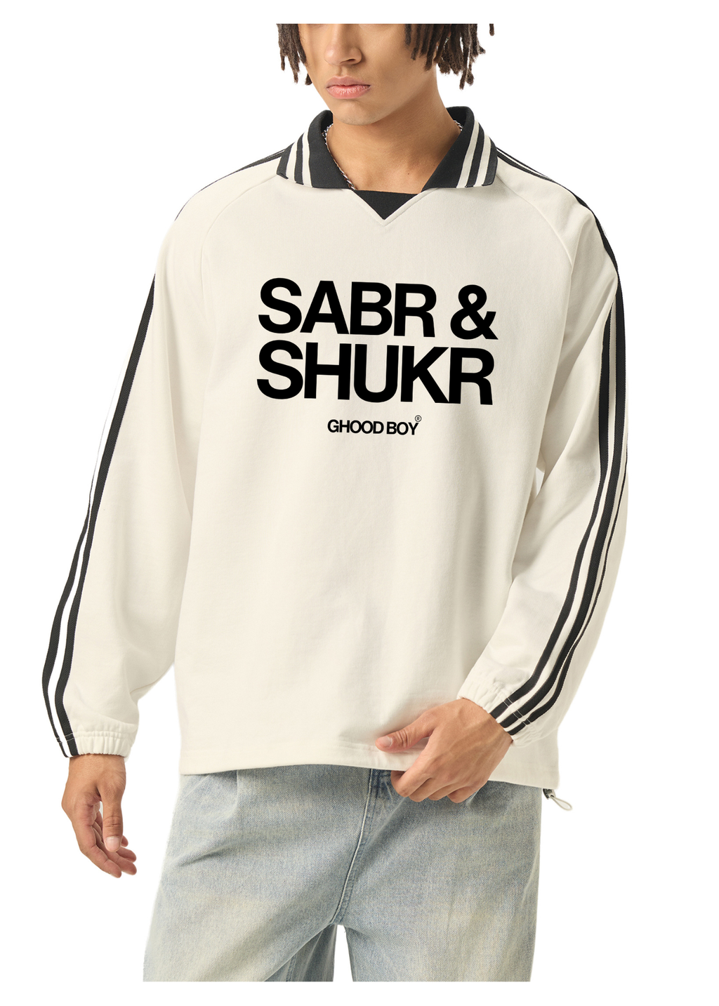 Patience & Gratitude Contrast Striped Lapel Collar Sweatshirt