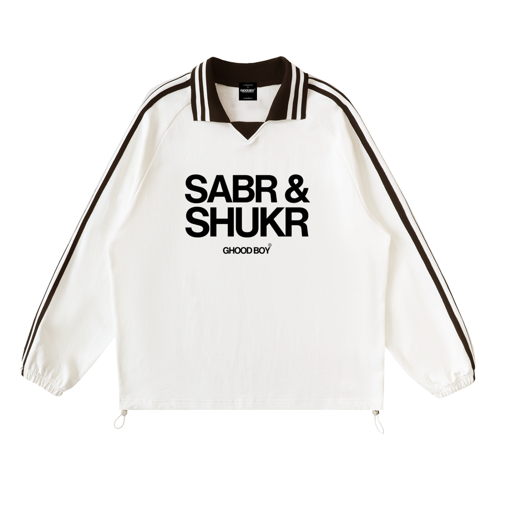 Patience & Gratitude Contrast Striped Lapel Collar Sweatshirt